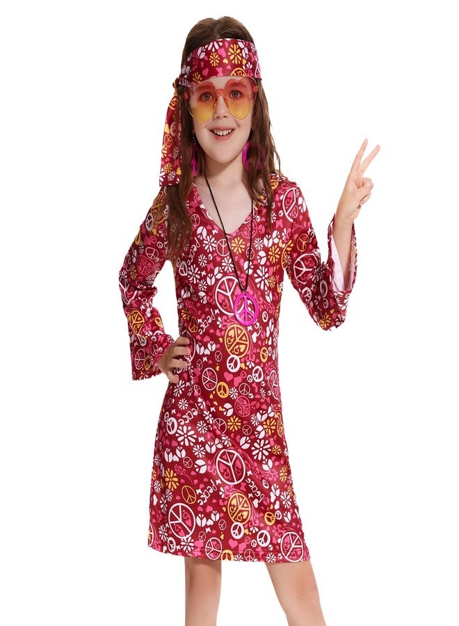 MRYUWB 70s Hippie Dress for Girls, 1970s Outfits Peace Sign Necklace Headband, 60s Themed Party Costumes for Kids 5-14 Years (Peace Sign Rose, 9-10 Years) - Image 1
